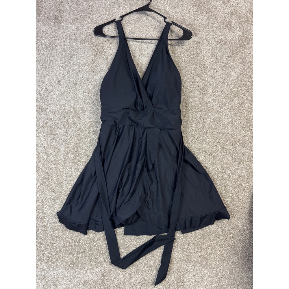 Bloomchic Black Wrap V-Neck Swim Dress Adjustable Straps One Piece Swimsuit